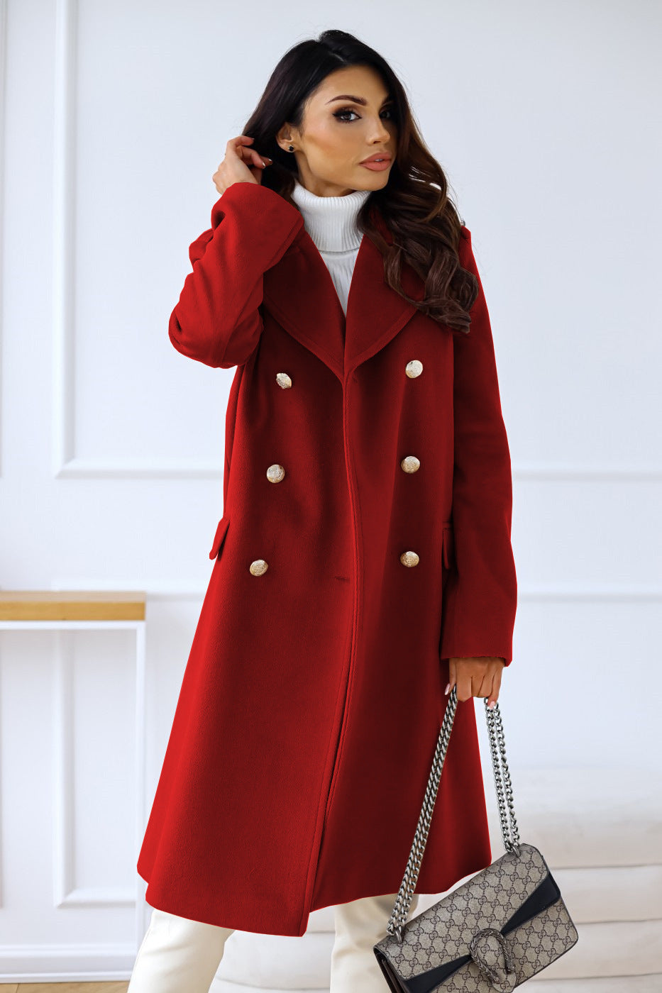 Women’s Double-Breasted Long Coat – Elegant Structured Outerwear with Gold Buttons