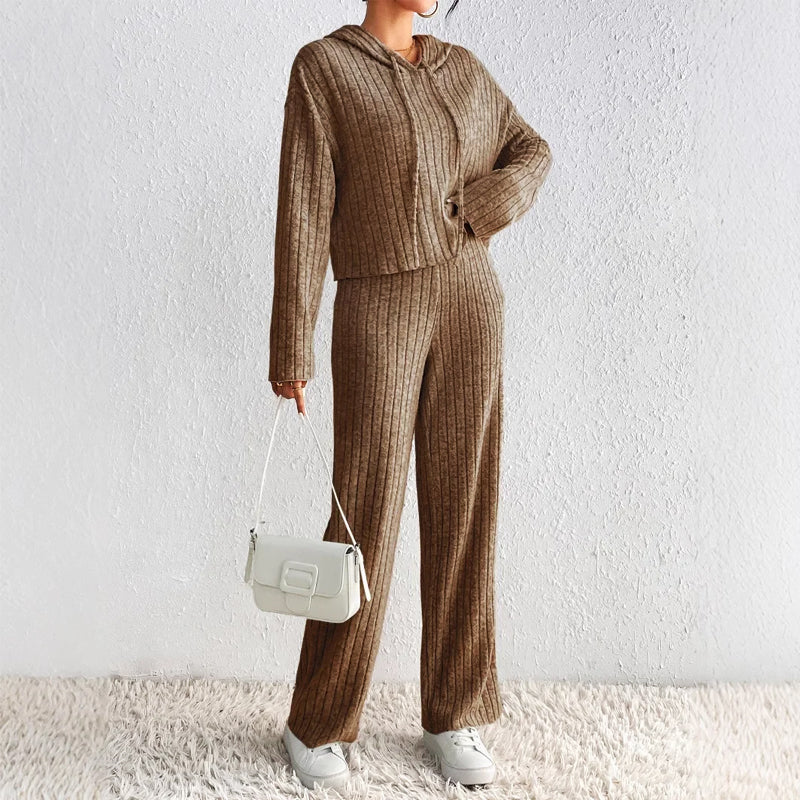 Women's Loungewear Set – Soft Ribbed Knit Cropped Hoodie and High-Waisted Pants Pajama Set for Ultimate Comfort