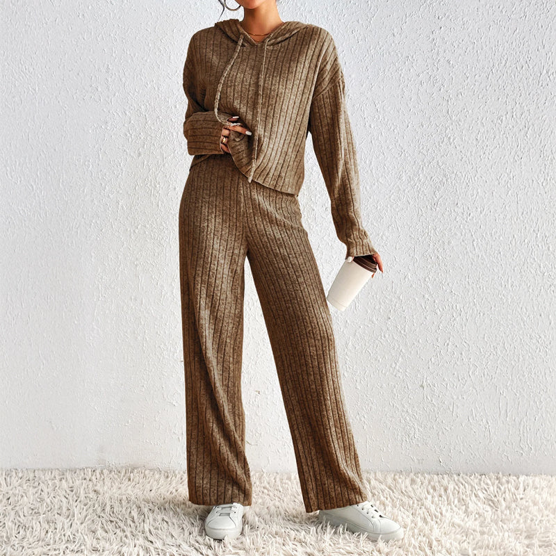 Women's Loungewear Set – Soft Ribbed Knit Cropped Hoodie and High-Waisted Pants Pajama Set for Ultimate Comfort