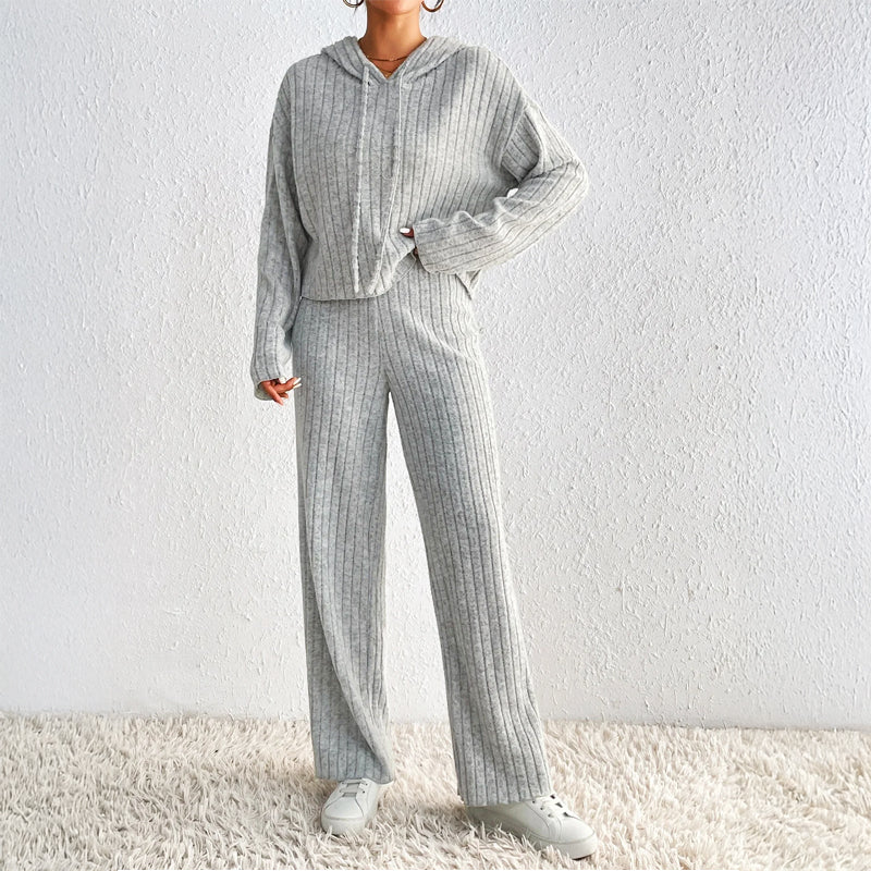 Women's Loungewear Set – Soft Ribbed Knit Cropped Hoodie and High-Waisted Pants Pajama Set for Ultimate Comfort