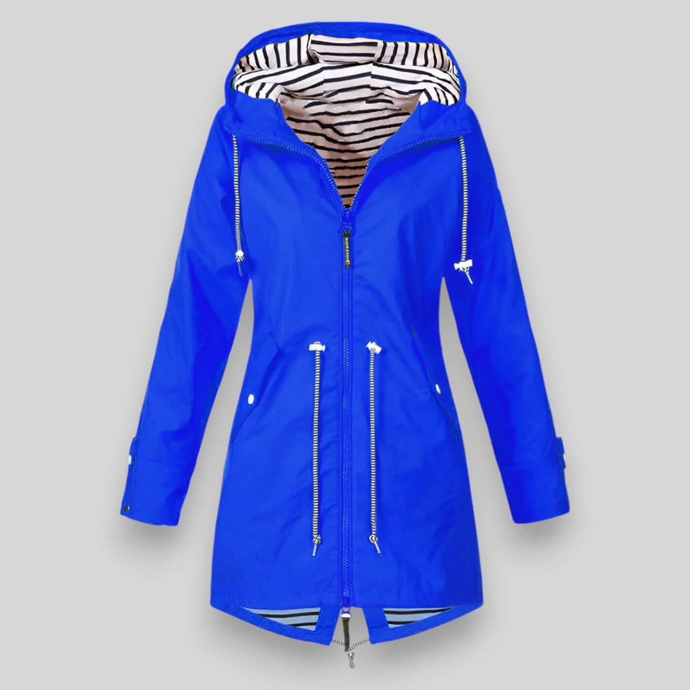 Women’s Waterproof Hooded Rain Jacket – Adjustable Waist & Stylish Weather Protection