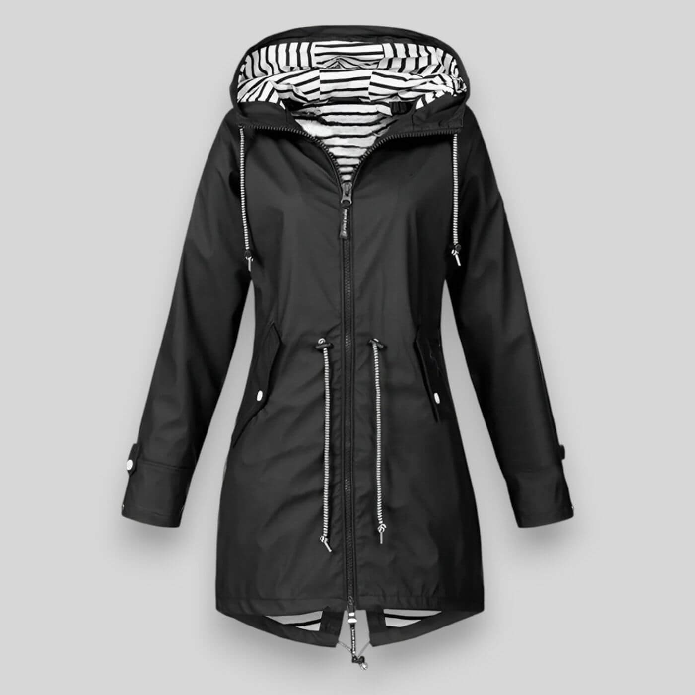 Women’s Waterproof Hooded Rain Jacket – Adjustable Waist & Stylish Weather Protection