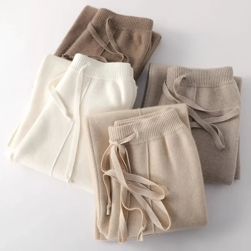 Cashmere-Look Knit Pants – Soft Wide-Leg Lounge Trousers in Taupe