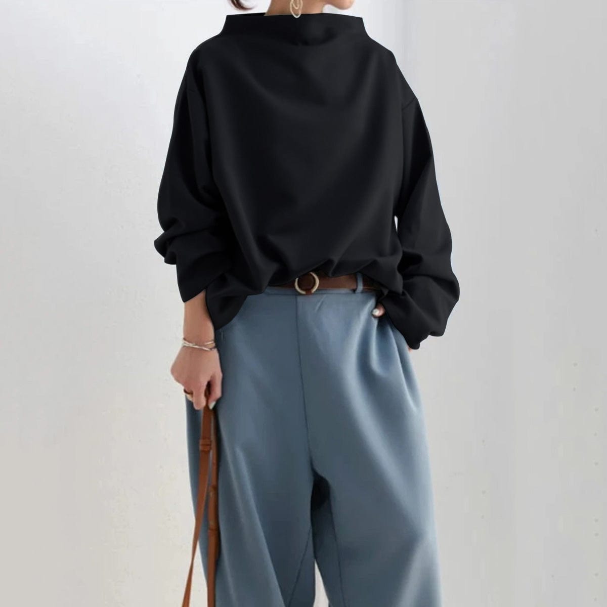 Women’s Casual Relaxed Sweater – Sculpted Neckline Pullover with Gathered Sleeves
