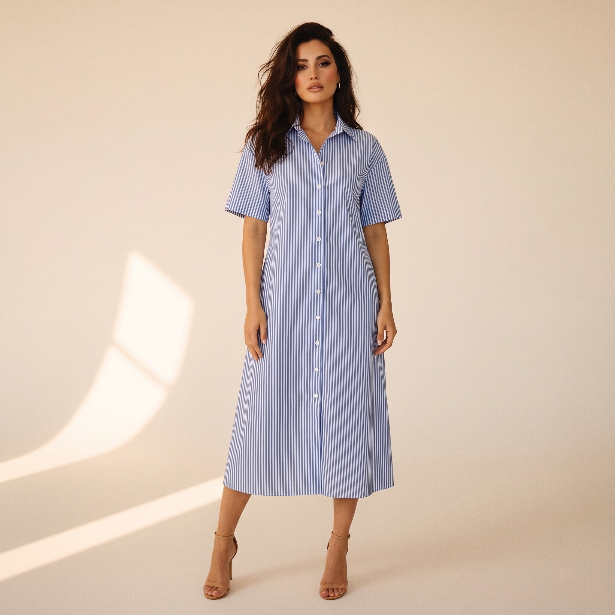 Cosima | Women's Poplin Shirt Dress - blue striped front