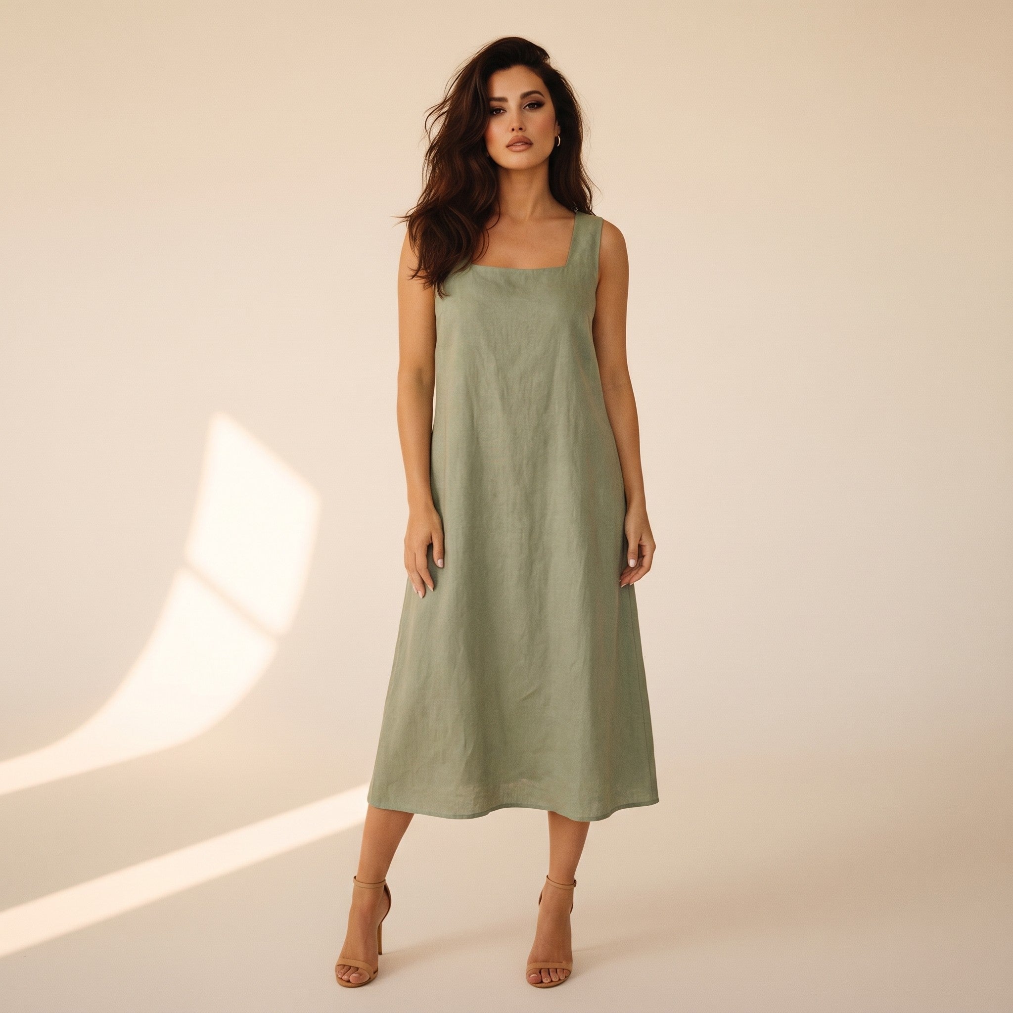 Sabine | Women's Linen Square-Neck Midi Dress - sage front
