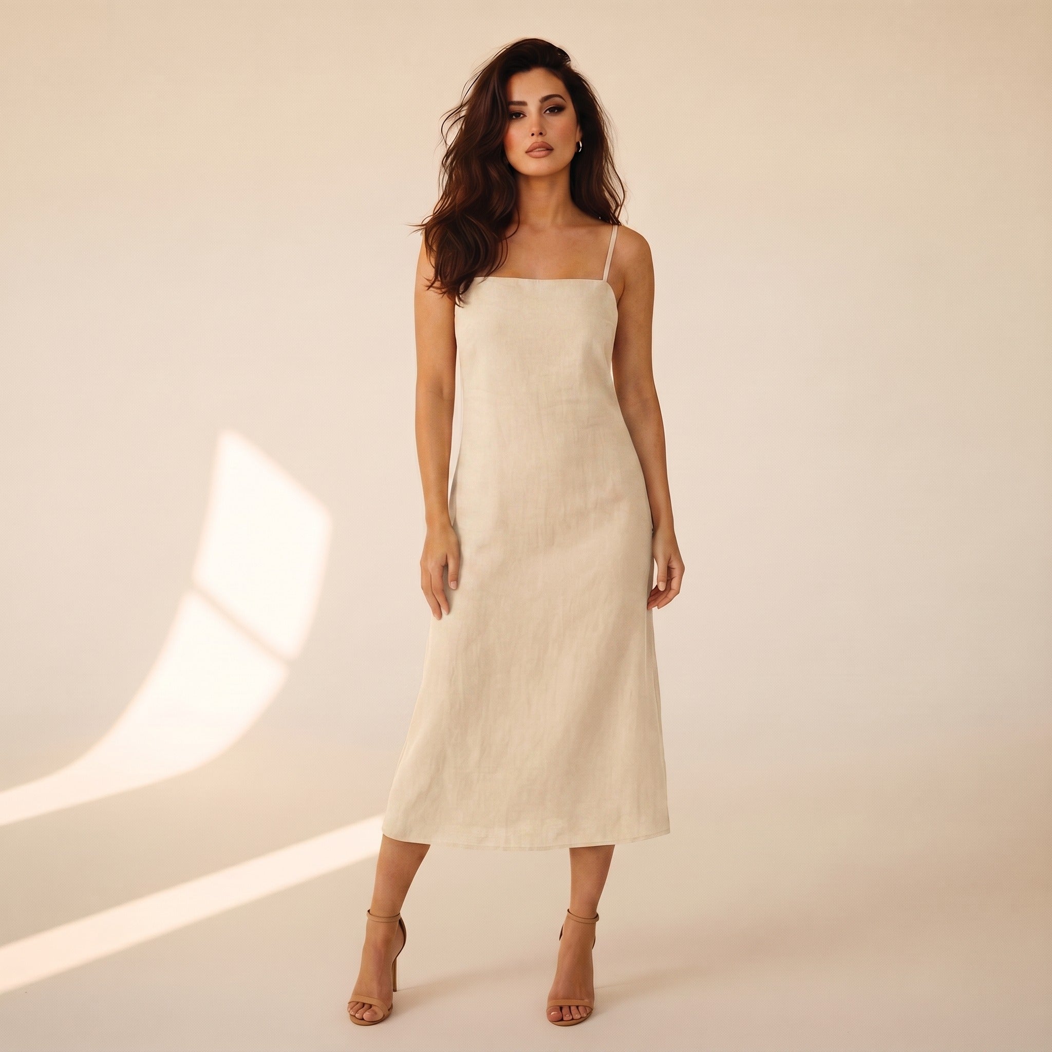 Delphine | Women's Linen Cami Midi Dress - Cream