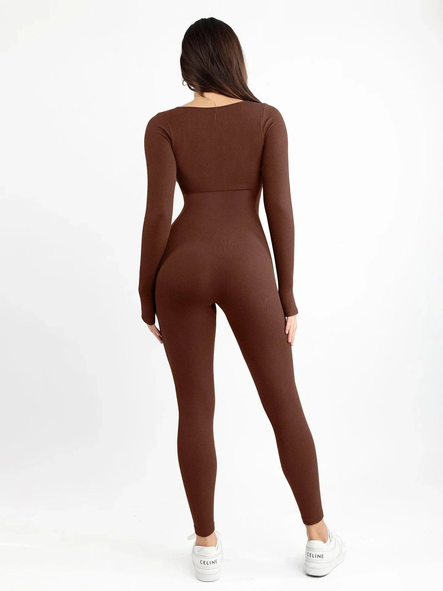 Women’s Seamless Long Sleeve Jumpsuit – Square Neck Bodysuit with Sculpting Fit