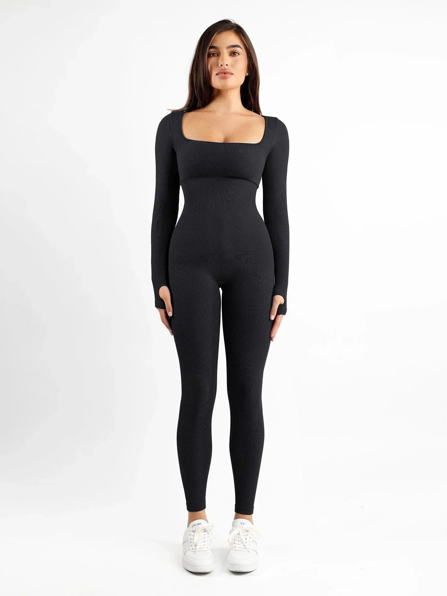 Women’s Seamless Long Sleeve Jumpsuit – Square Neck Bodysuit with Sculpting Fit