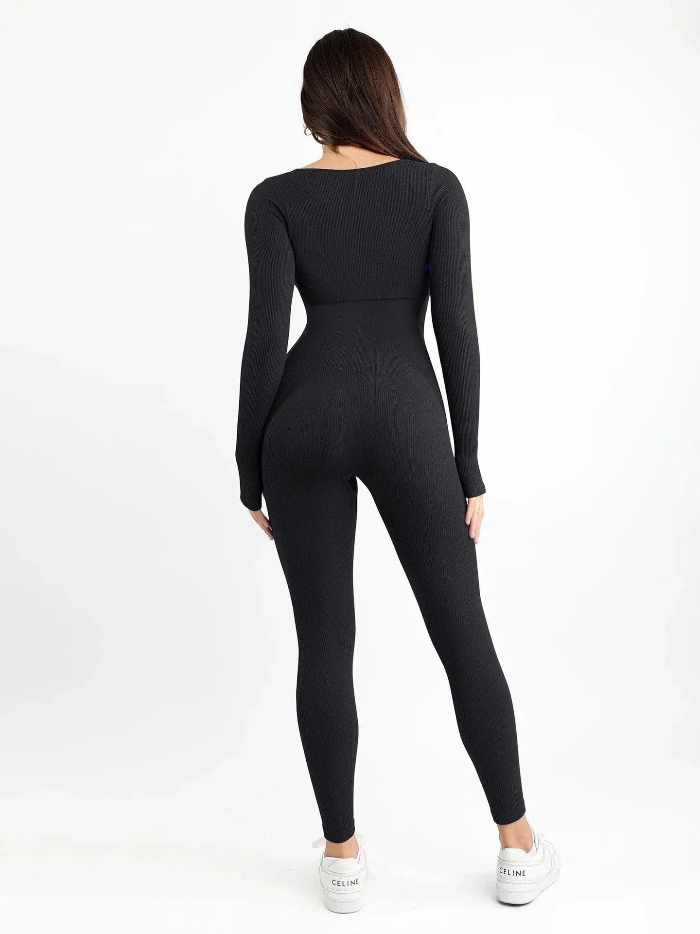 Women’s Seamless Long Sleeve Jumpsuit – Square Neck Bodysuit with Sculpting Fit