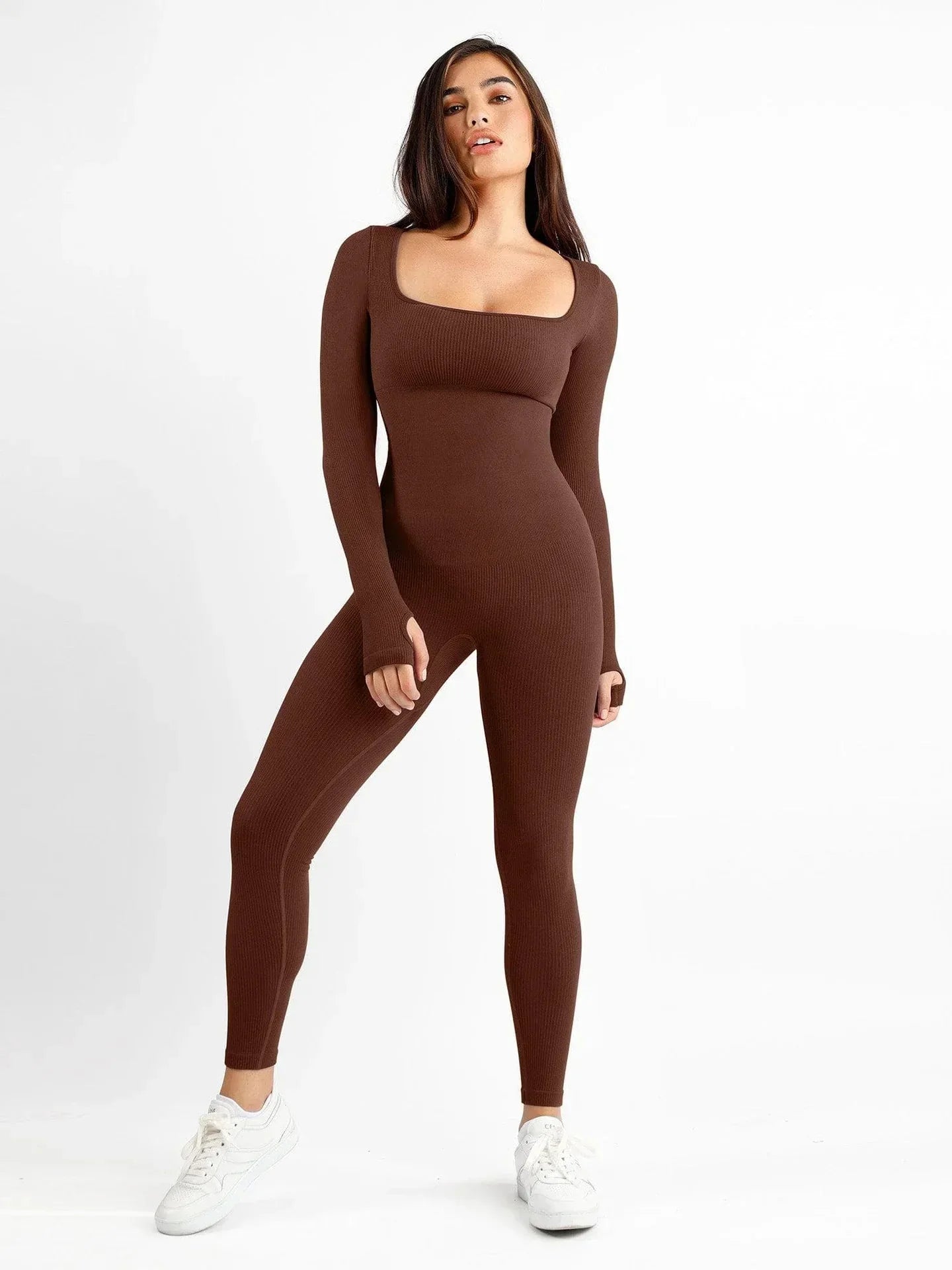 Women’s Seamless Long Sleeve Jumpsuit – Square Neck Bodysuit with Sculpting Fit