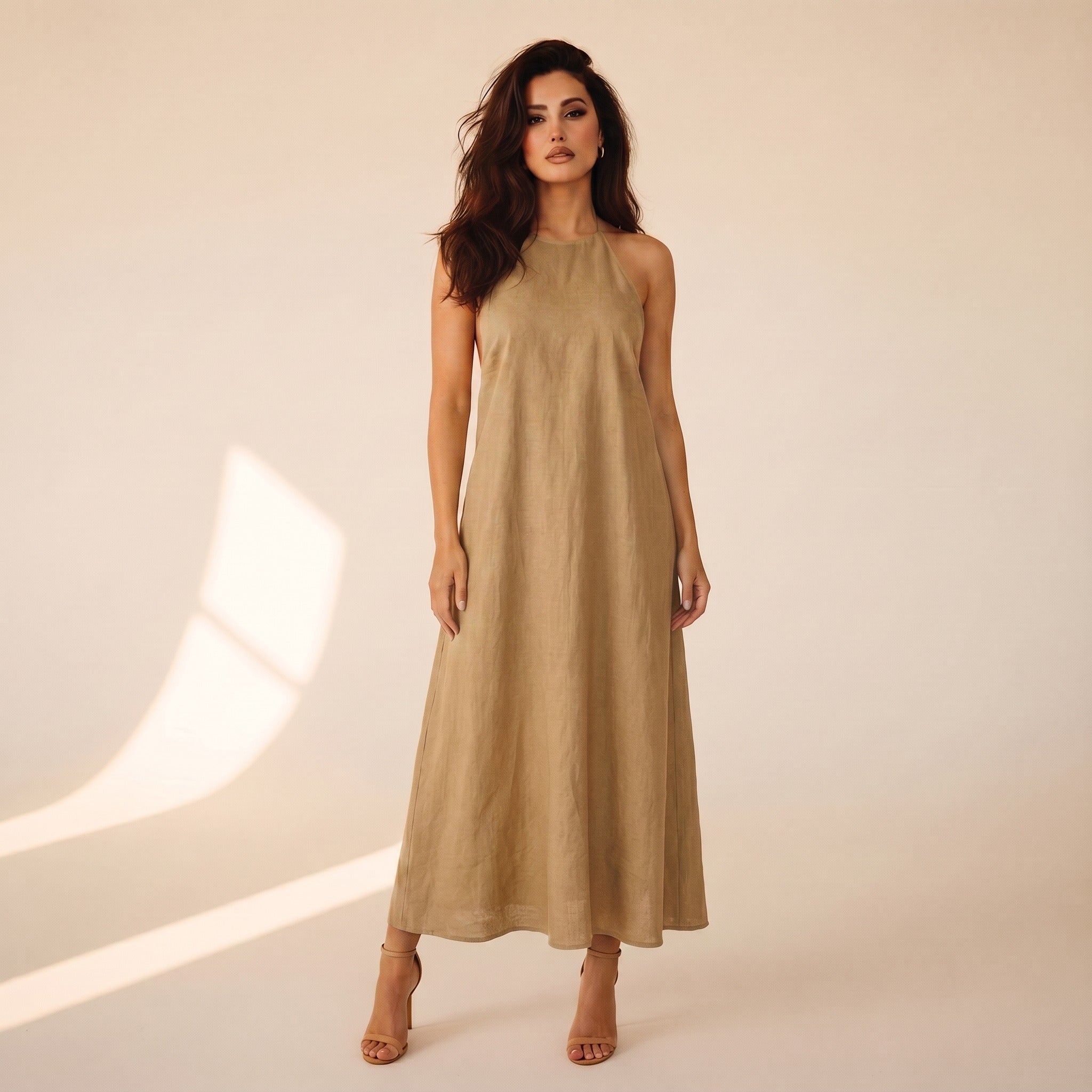 Elodie | Women's Linen Halter Maxi Dress - Sand
