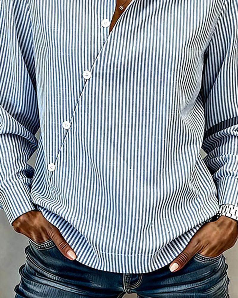 Women’s Blue Striped Button Down Shirt – Long Sleeve Collared Blouse