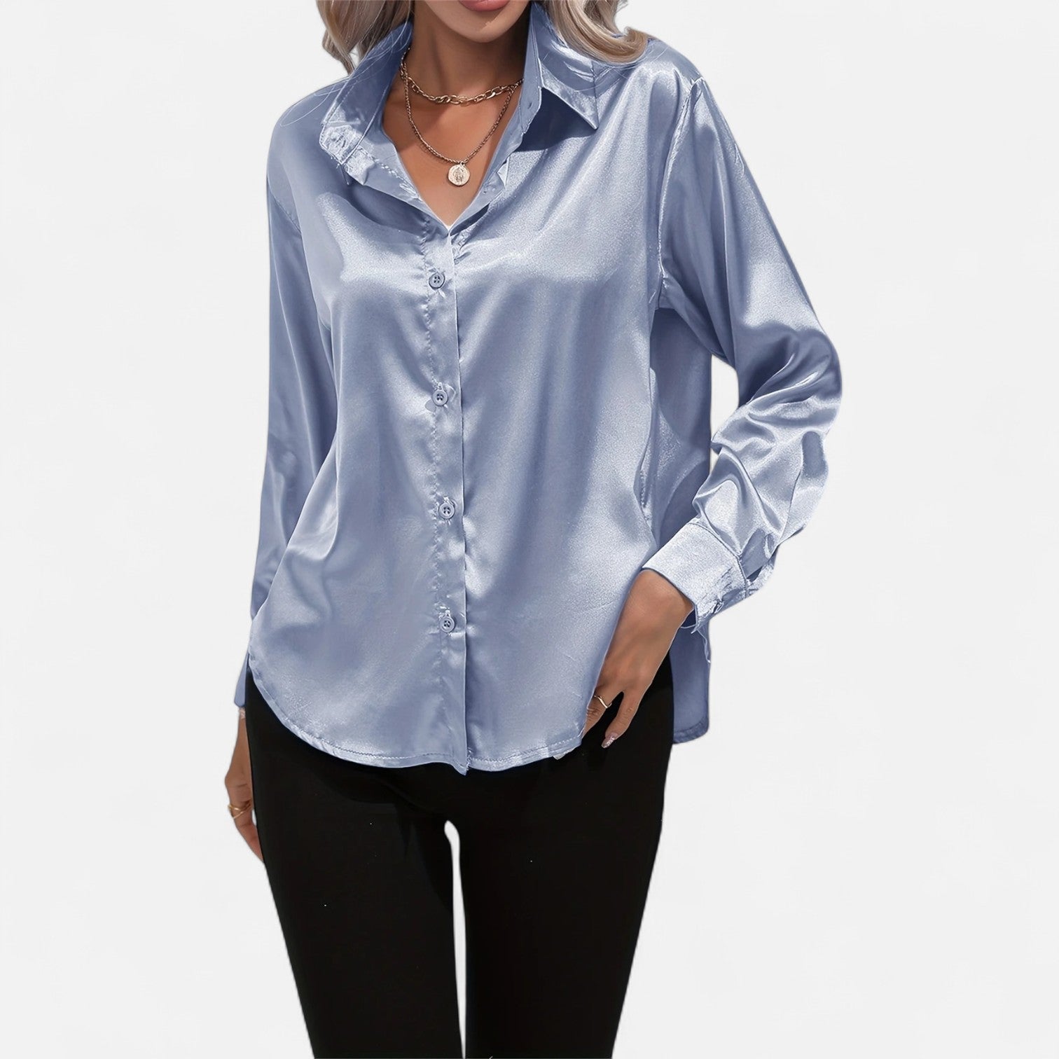 Women’s Satin Button-Down Blouse – Classic Long-Sleeve Lapel Shirt