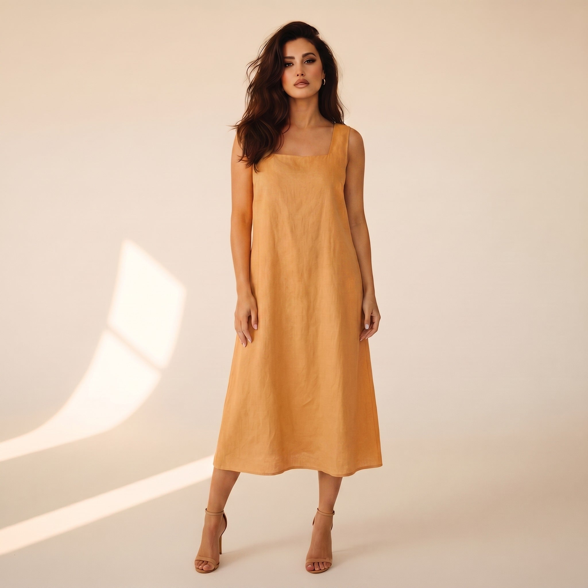 Sabine | Women's Linen Square-Neck Midi Dress - Apricot