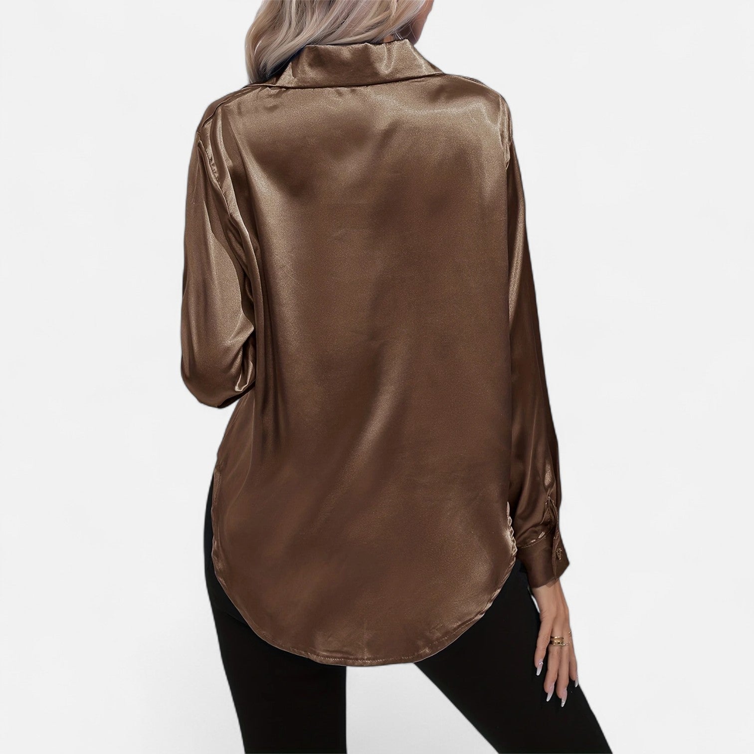 Women’s Satin Button-Down Blouse – Classic Long-Sleeve Lapel Shirt