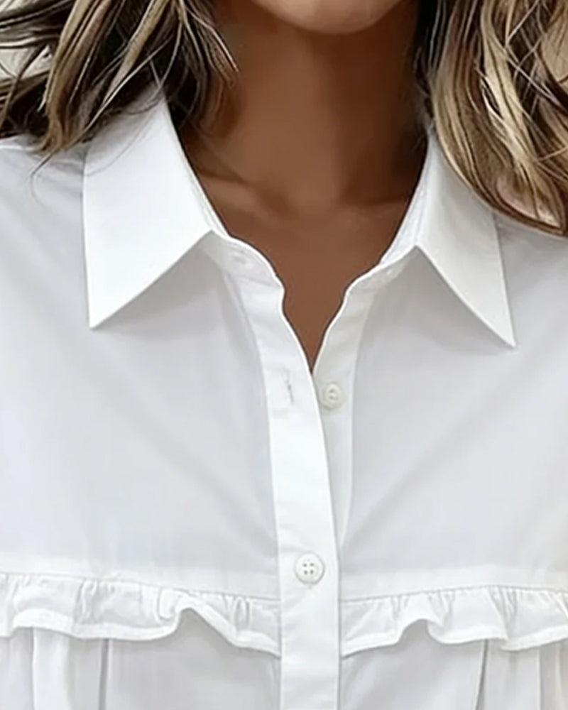 Women’s Ruffle Trim Blouse – Puff Sleeve Collared White Shirt