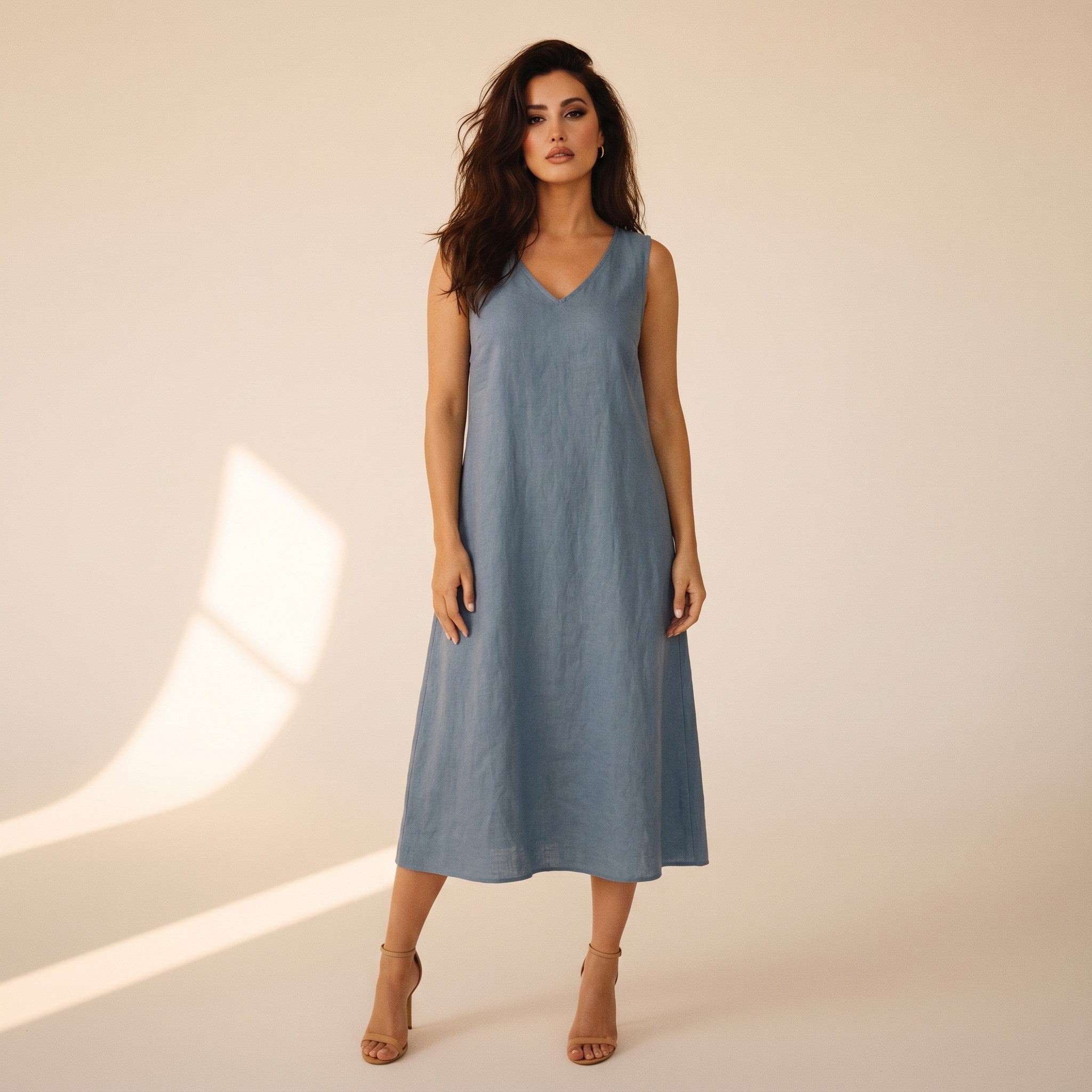 Bellamy | Women's Linen A-Line Midi Dress - dusty blue front