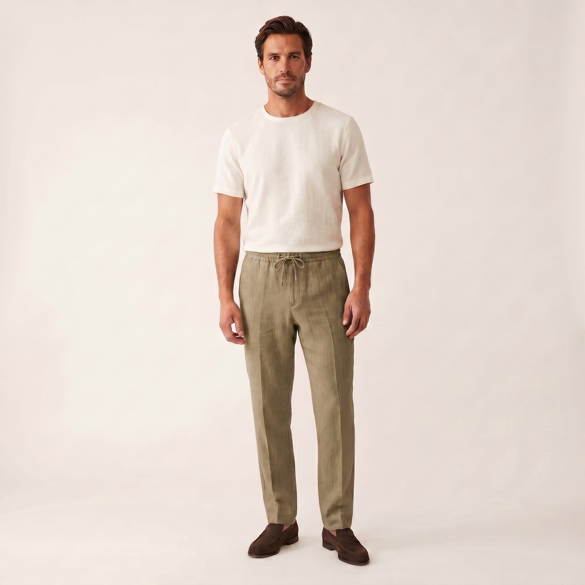 Adrien | Men's Linen Drawstring Trousers - Khaki