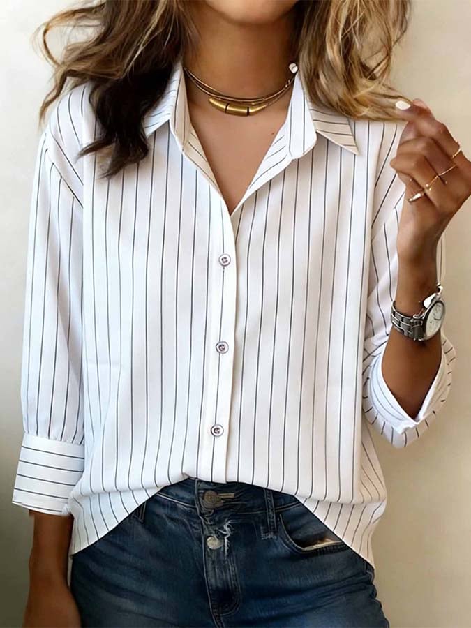 Women’s Striped Button Down Blouse – Long Sleeve Collared Shirt