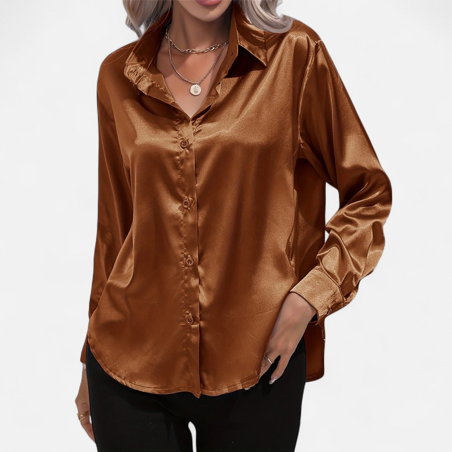 Women’s Satin Button-Down Blouse – Classic Long-Sleeve Lapel Shirt