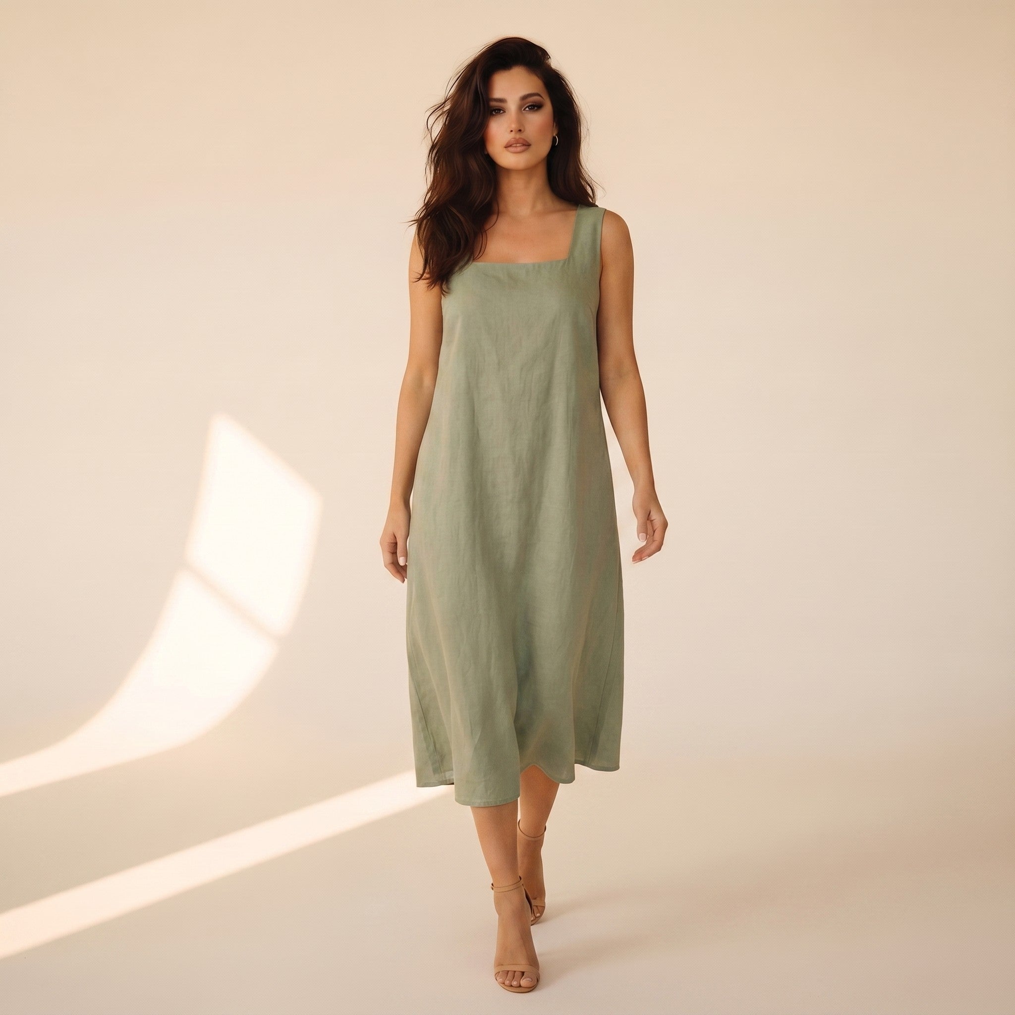 Sabine | Women's Linen Square-Neck Midi Dress - view 4