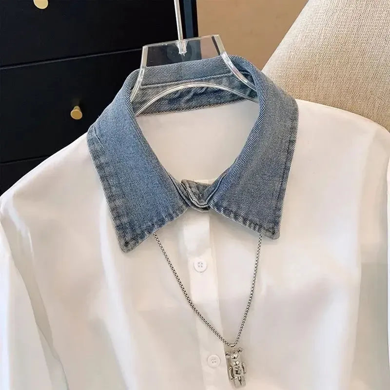 Women’s White Denim Shirt – Colour Block Long Sleeve Collared Button Down