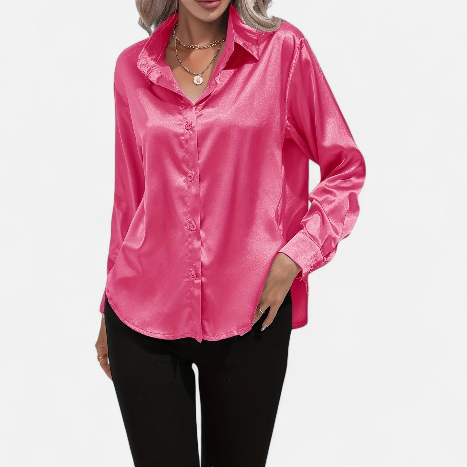 Women’s Satin Button-Down Blouse – Classic Long-Sleeve Lapel Shirt