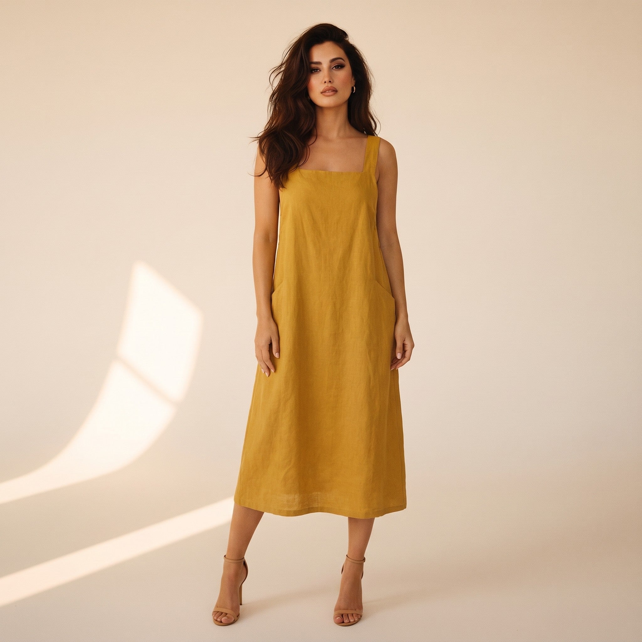 Ingrid | Women's Linen Pinafore Dress - mustard front