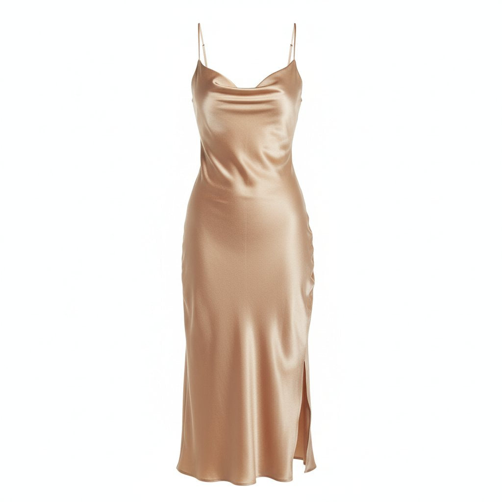 Celeste | Women's Satin Slip Midi Dress - Champagne