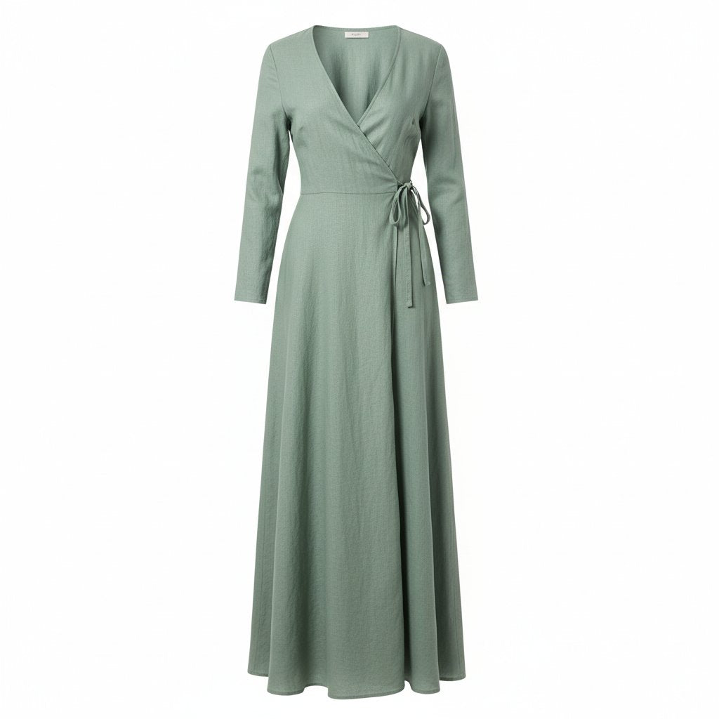 Vivienne | Women's Linen Wrap Maxi Dress - Sage Green