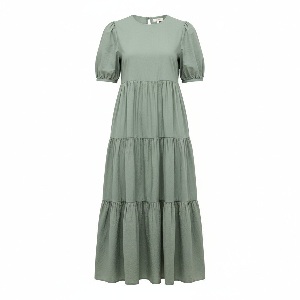 Delphine | Women's Cotton Tiered Midi Dress - Sage
