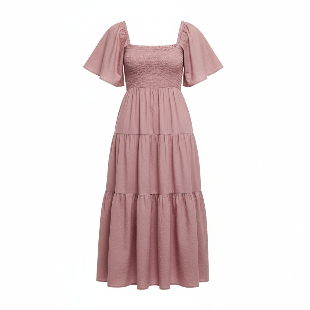 Delphine | Women's Cotton Tiered Midi Dress - Dusty Pink