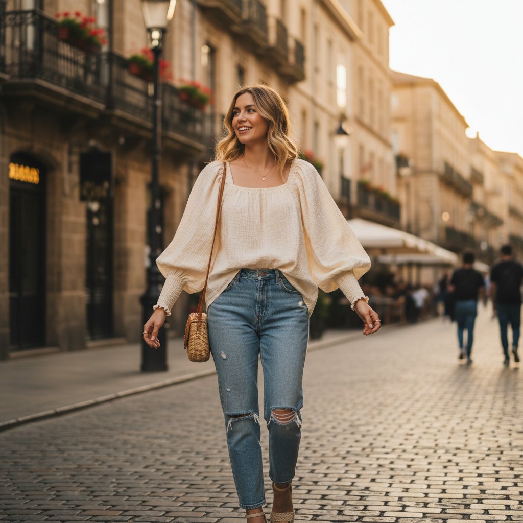 Thalia | Women's Cotton Puff Sleeve Top - lifestyle 1