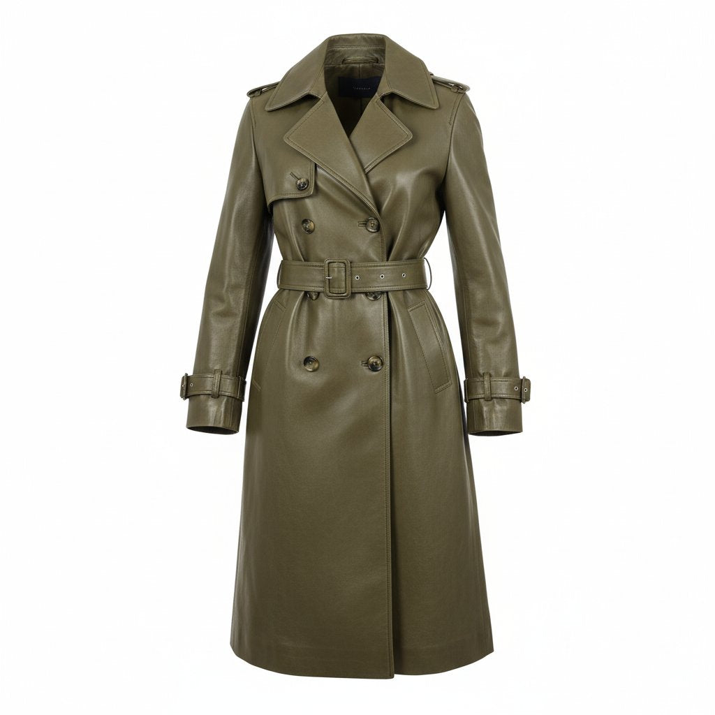 Anaise | Women's Leather Belted Trench Coat - Olive
