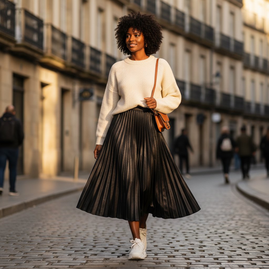 Nadia | Women's Satin Pleated Midi Skirt - lifestyle 1