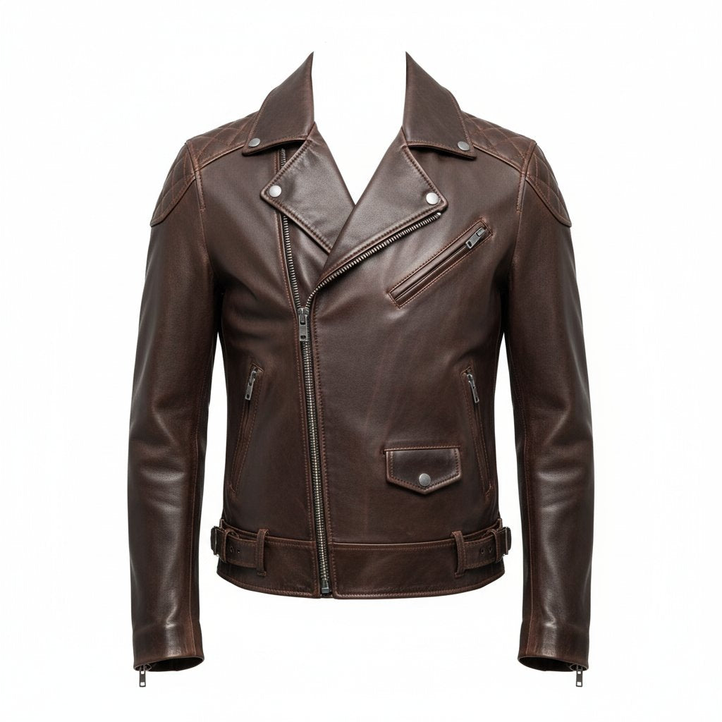 Lennox | Men's Leather Classic Biker Jacket - Dark Brown