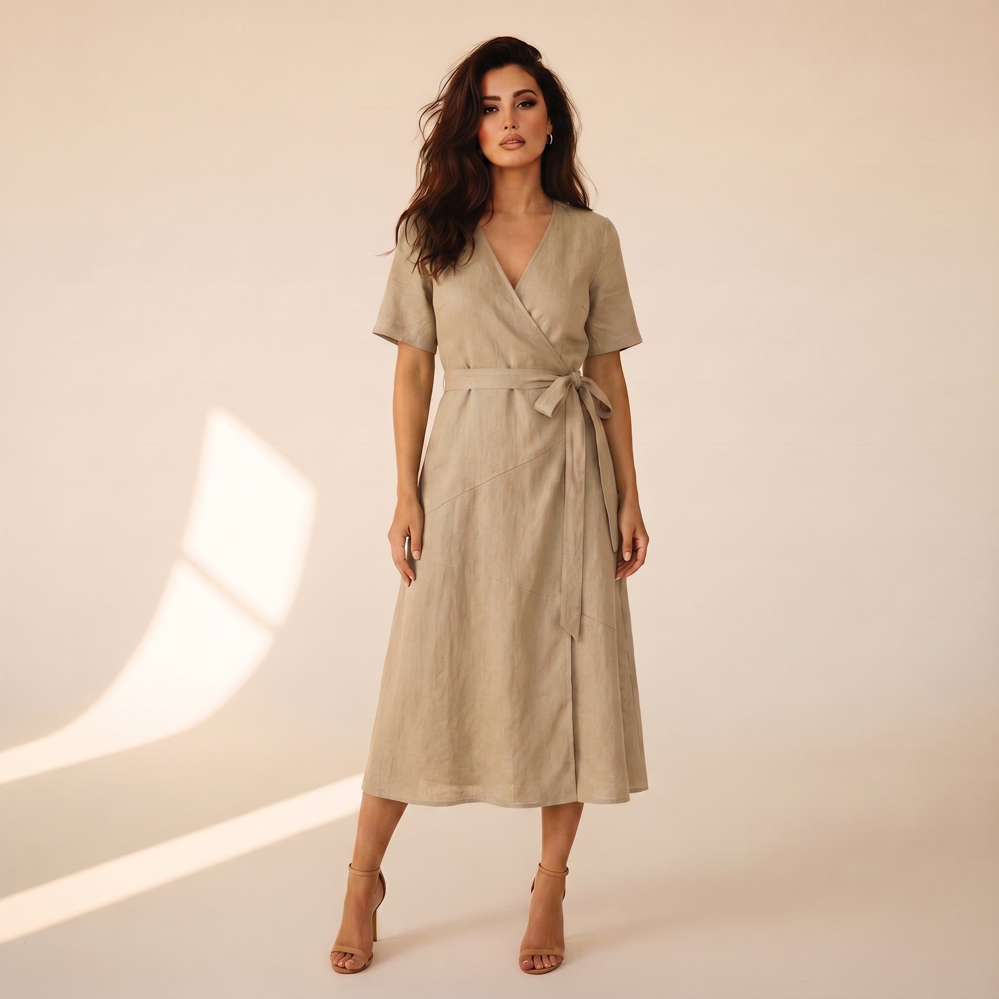 Genevra | Women's Linen Wrap Dress - Sand
