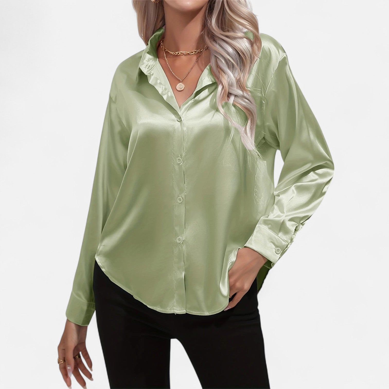 Women’s Satin Button-Down Blouse – Classic Long-Sleeve Lapel Shirt