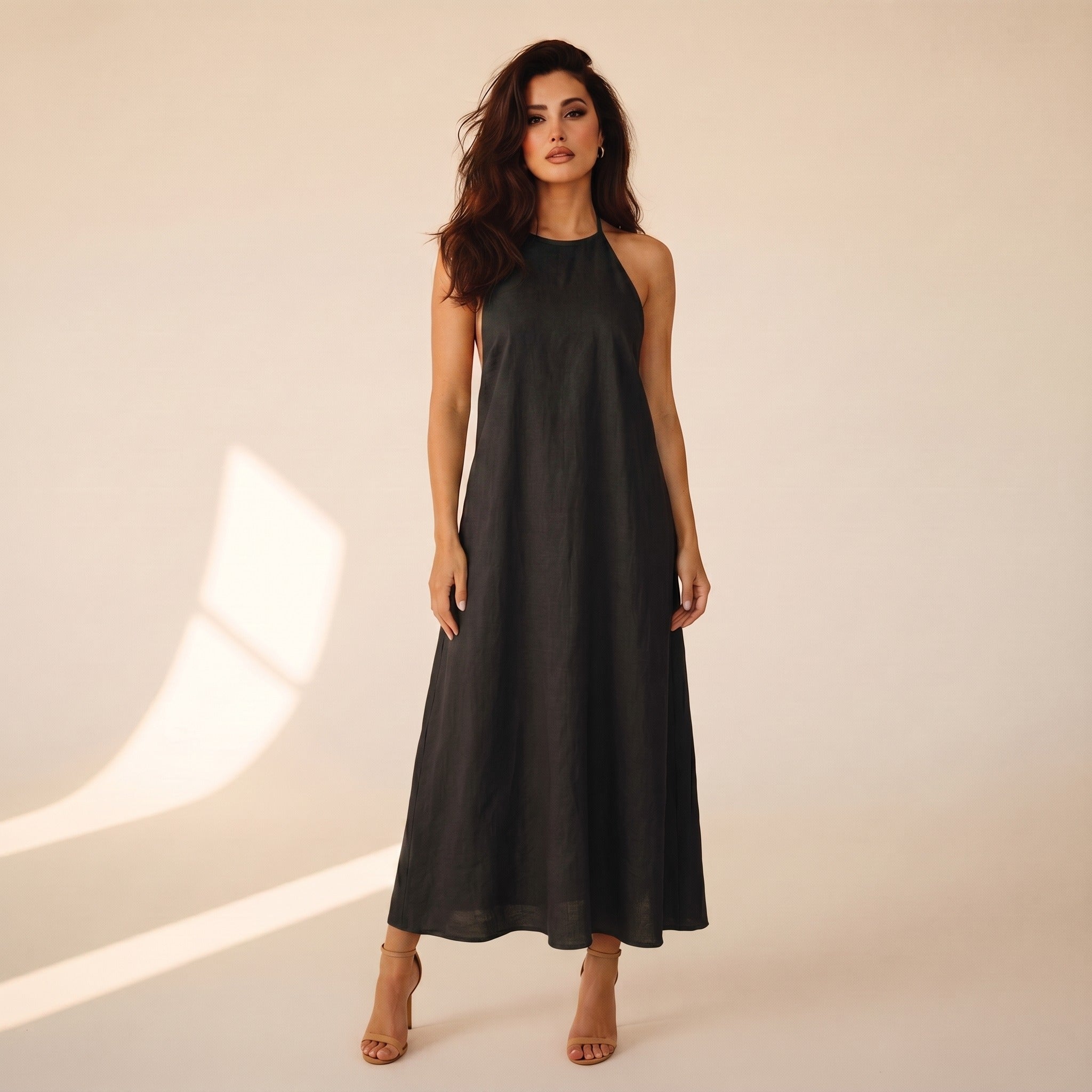 Elodie | Women's Linen Halter Maxi Dress - Black