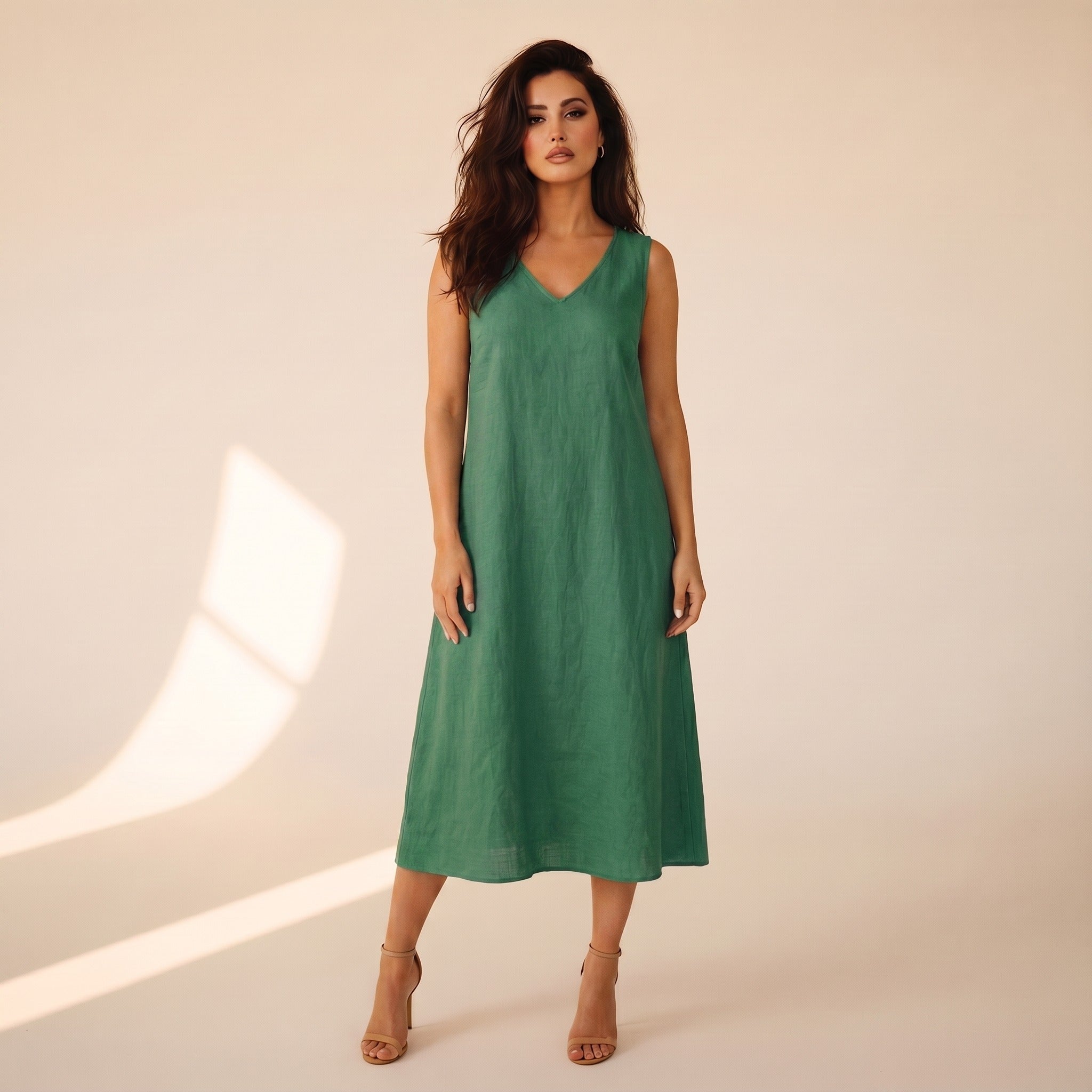 Bellamy | Women's Linen A-Line Midi Dress - Green