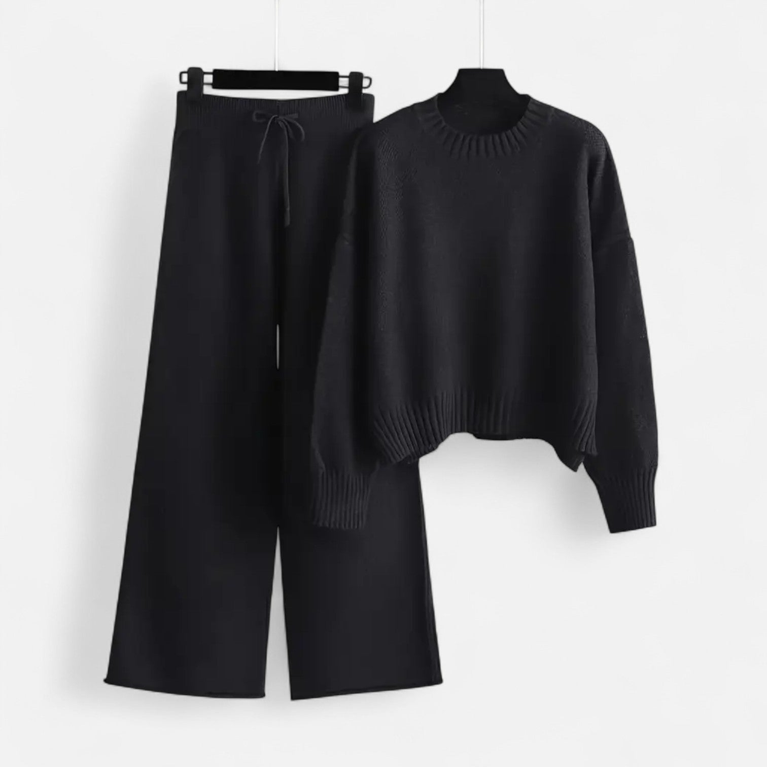 Women’s Knit Two-Piece Set – Soft Cozy Sweater & Wide-Leg Trousers