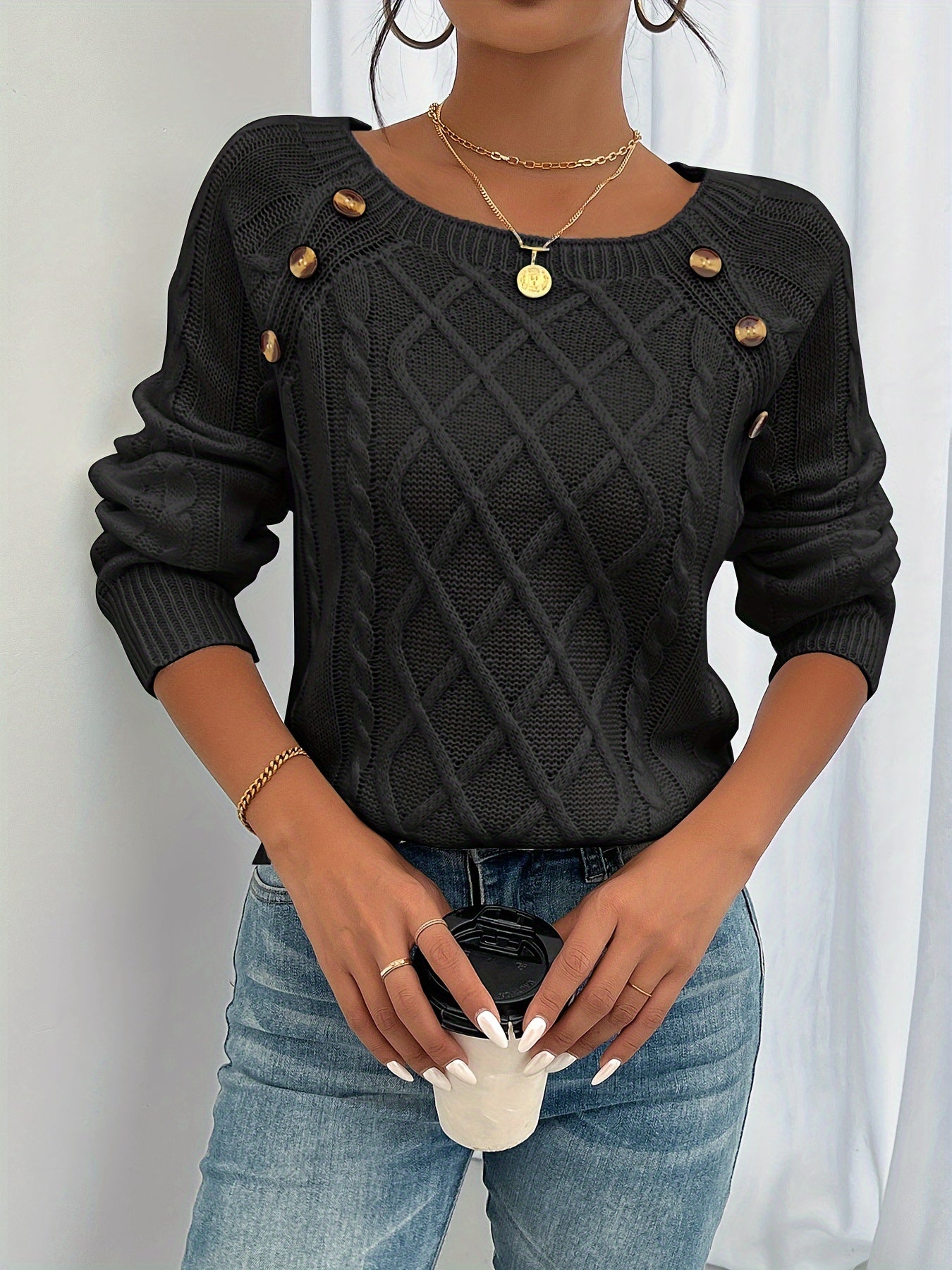 Knit Sweater – Soft Cable Knit Pullover with Button Detail