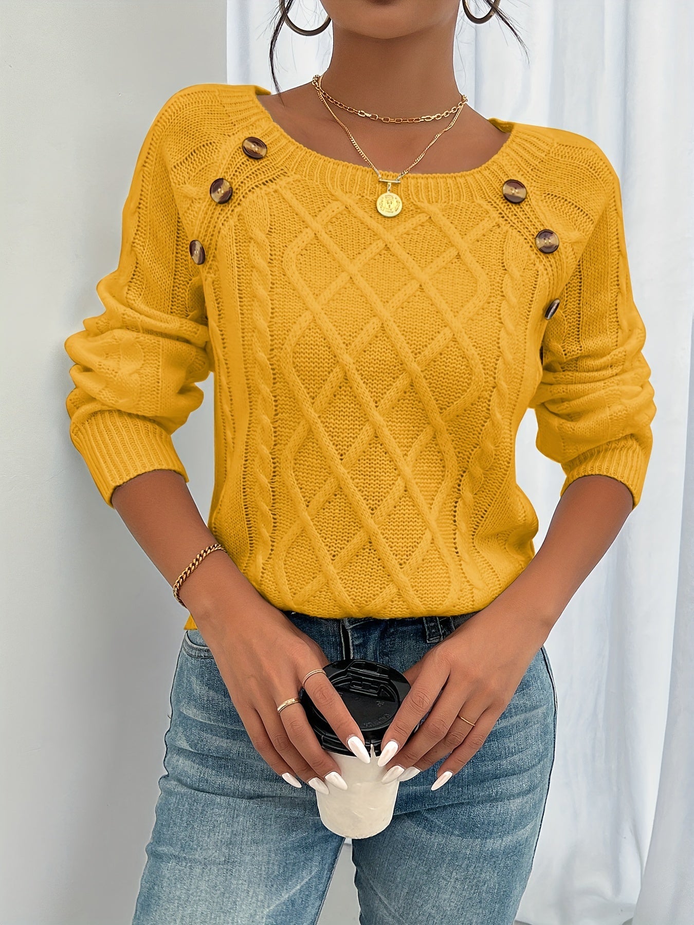 Knit Sweater – Soft Cable Knit Pullover with Button Detail
