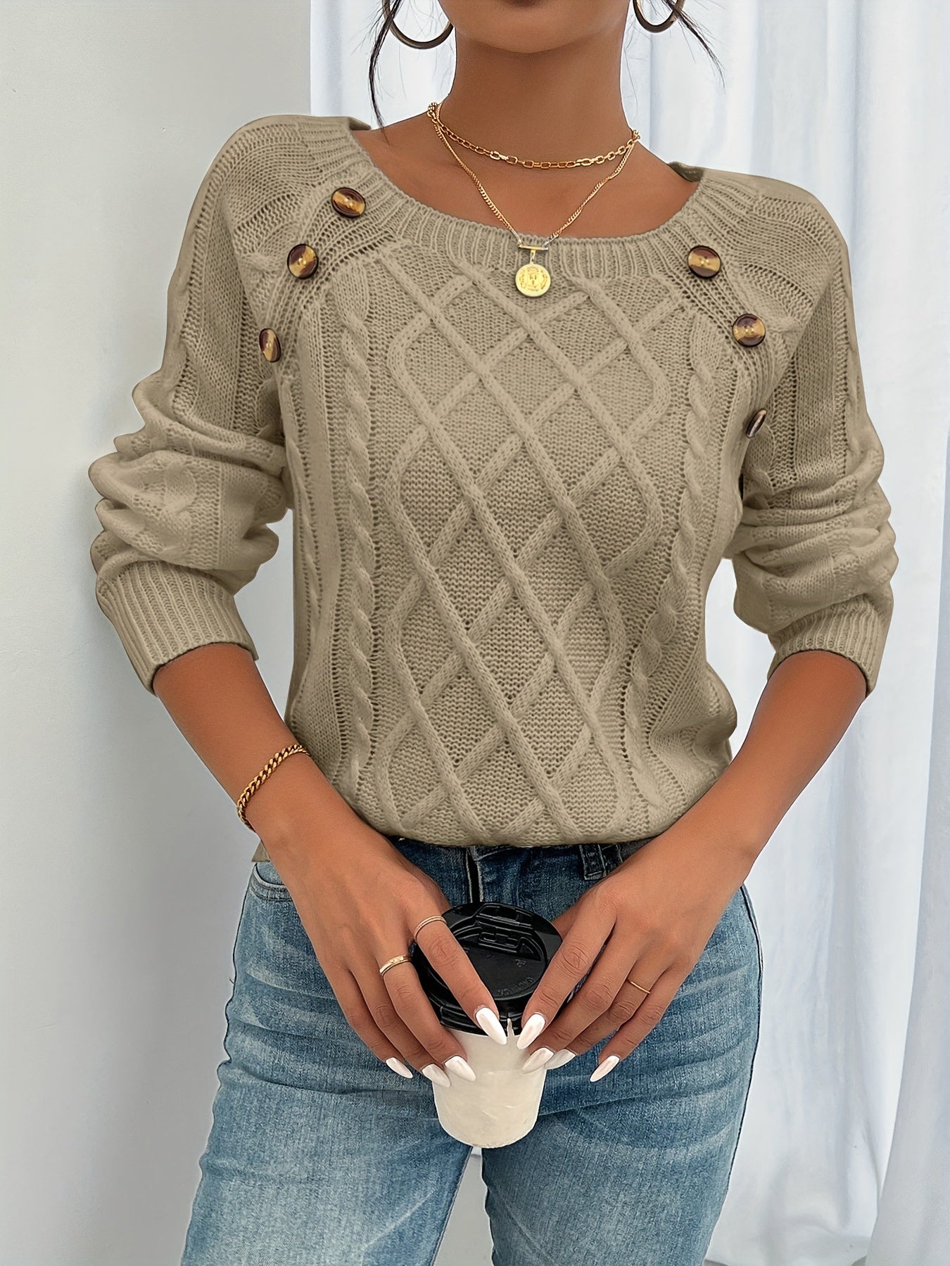Knit Sweater – Soft Cable Knit Pullover with Button Detail