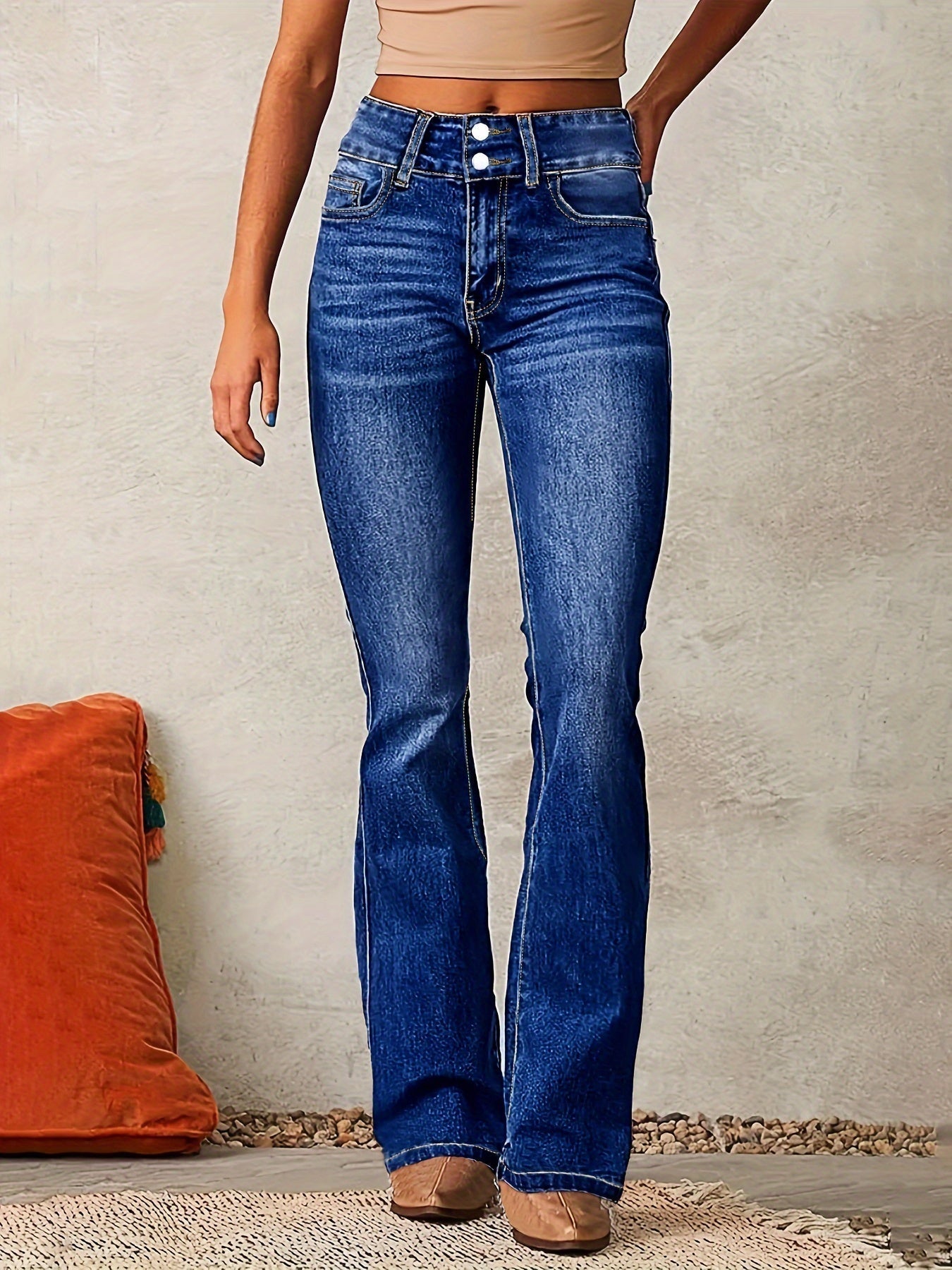 Women’s High-Waisted Flared Jeans – Stretch Polyester Denim Trousers