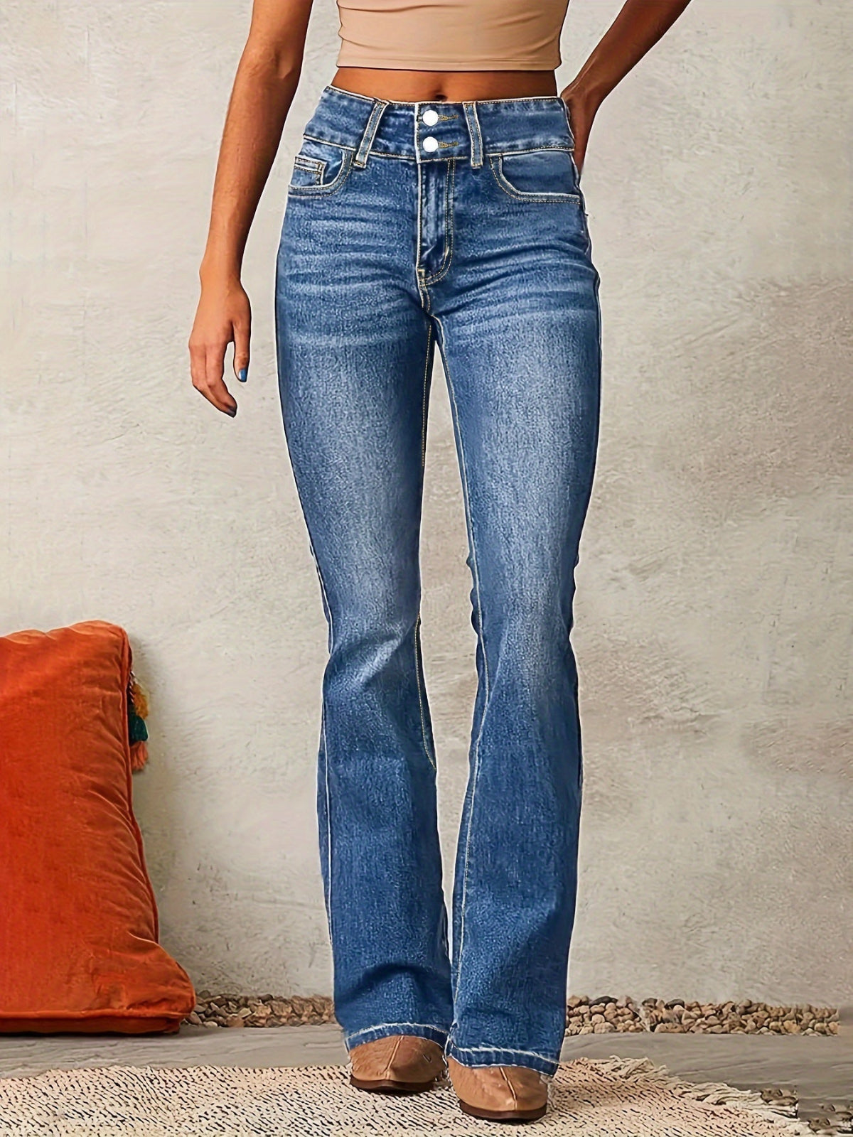 Women’s High-Waisted Flared Jeans – Stretch Polyester Denim Trousers