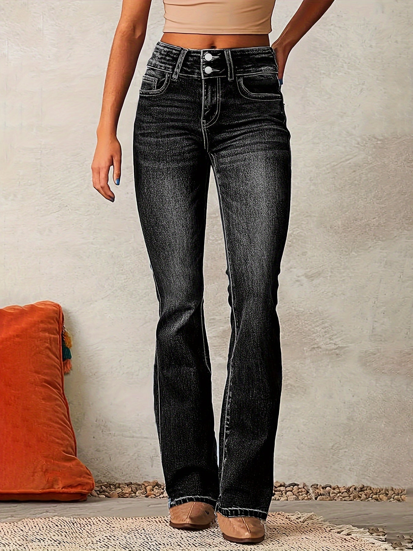 Women’s High-Waisted Flared Jeans – Stretch Polyester Denim Trousers