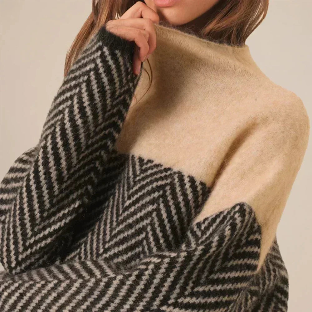 High Neck Knit Sweater – Beige & Black Herringbone Pattern Pullover