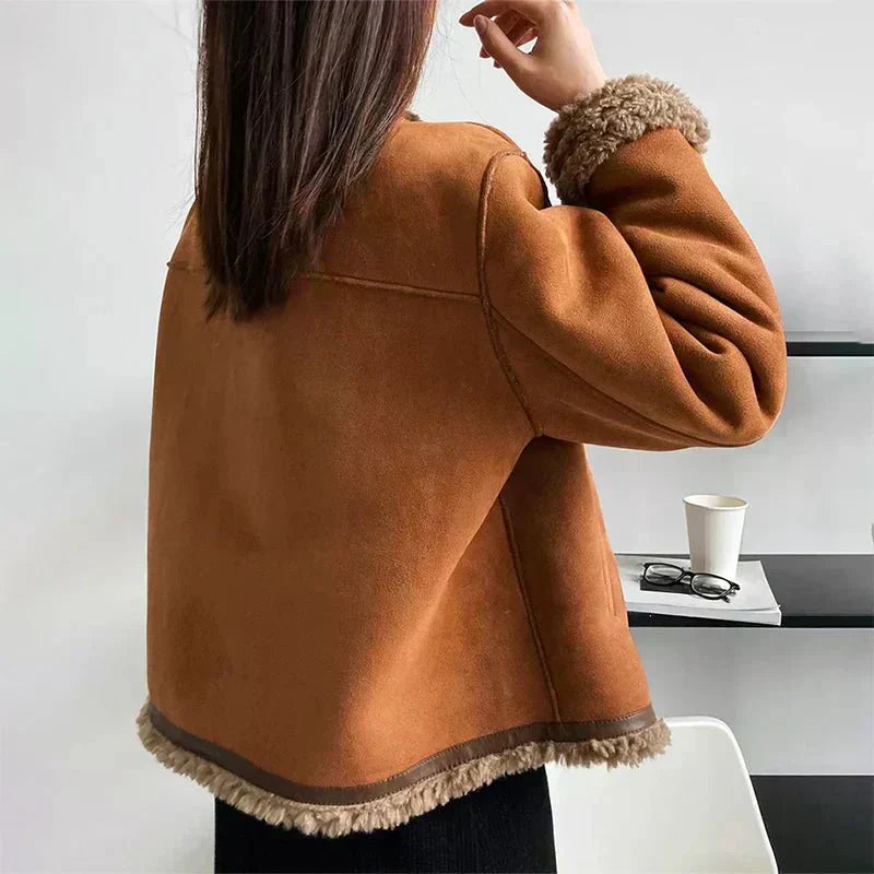 Terhild Faux Shearling Jacket – Camel Short Coat with Cozy Lining